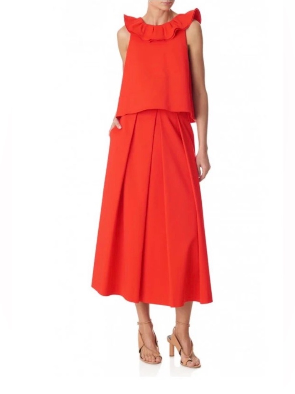 Tibi - Women's Agathe V-Back Ruffle Blouse Top, Vermillion Red